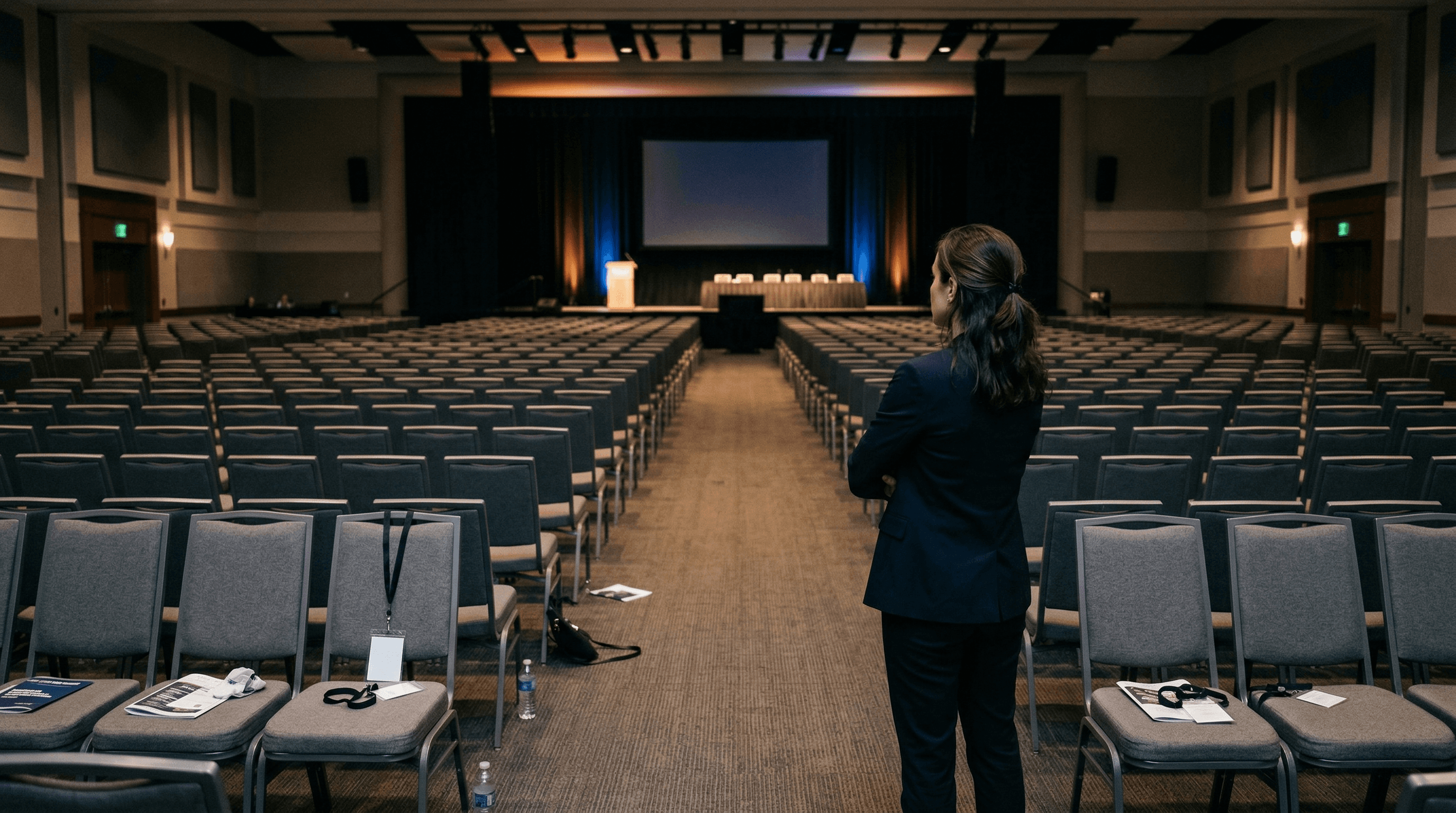 An empty conference hall with rows of chairs after an event has ended, stage lights dimmed